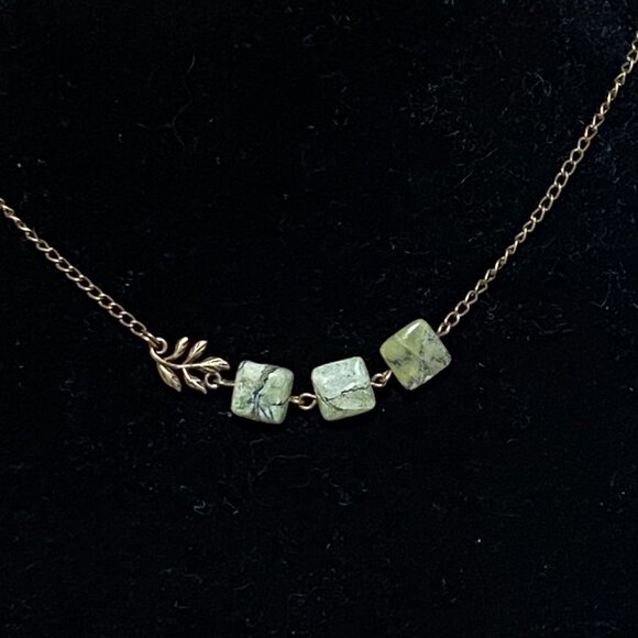 2/$20 Dark Green Serpentine Leaf Branch Necklace, Genuine Gemstone Bronze Chain - Picture 3 of 16